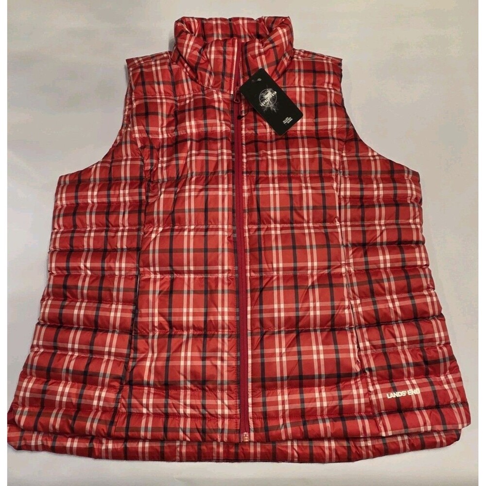 NWT Lands End Women's XL Red Plaid Down Puffer Vest 600 Fill Full Zip Quilted